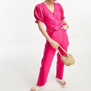 & Other Stories Organic Cotton Puff Sleeve Jumpsuit - Bright Pink - NWT - Size 2